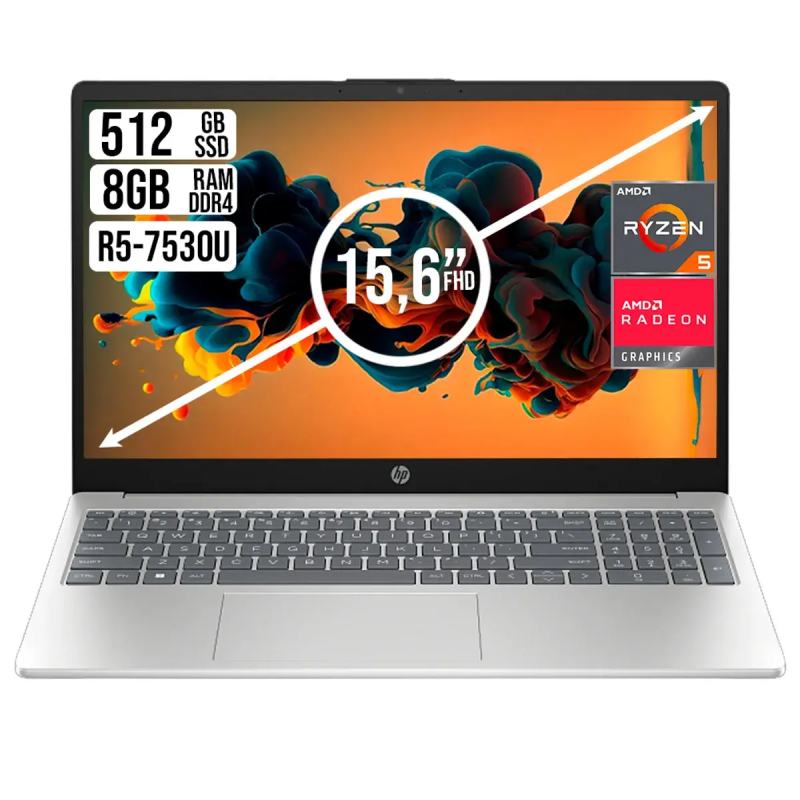 HP 15-FC0354LA  RYZEN 5 7530U  RAM 8GB DDR4  DISCO SSD 512 GB  LED 15.6 FHD / PLATEADO FREE S.O.